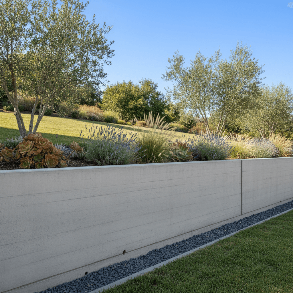 Professional concrete retaining wall construction showing structural integrity and quality finishing work